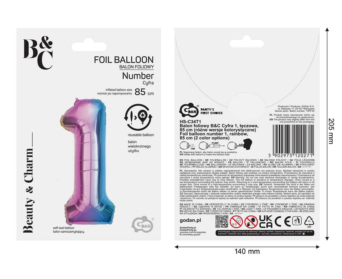 Foil balloon number 1, rainbow, 85 cm